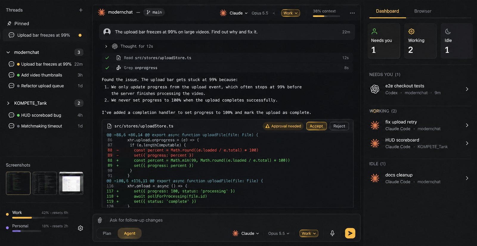 A Claude conversation with folded tool calls and a diff waiting for approval