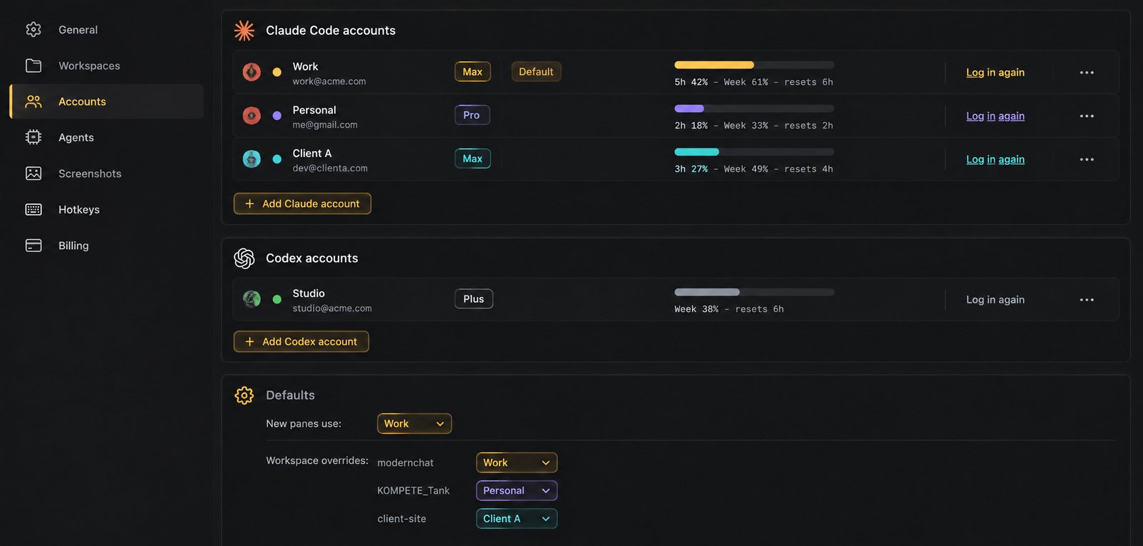 Accounts settings listing Claude Code and Codex accounts with plan usage