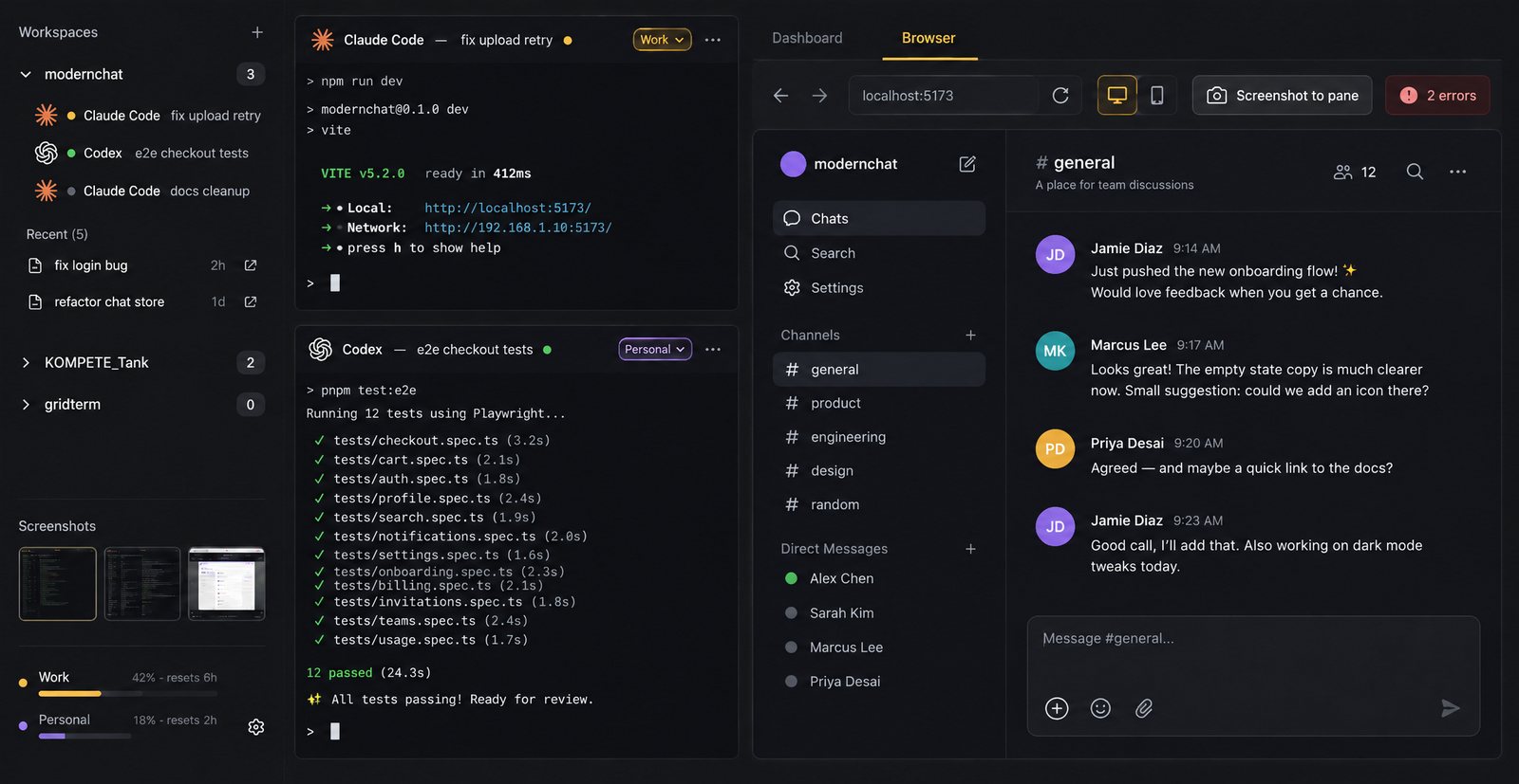 A docked browser showing a local dev server next to two agent panes